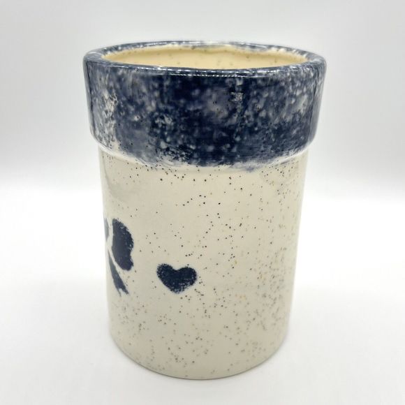 Glazed 5” Crock Small Pot Stoneware Pottery Speckled with Blue Hearts Unmarked - Picture 7 of 13